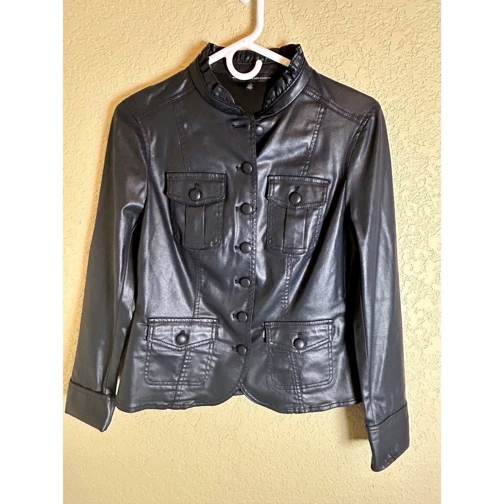 White House Black Market Jacket Women 4 Black Coated Ruffle Military Utility